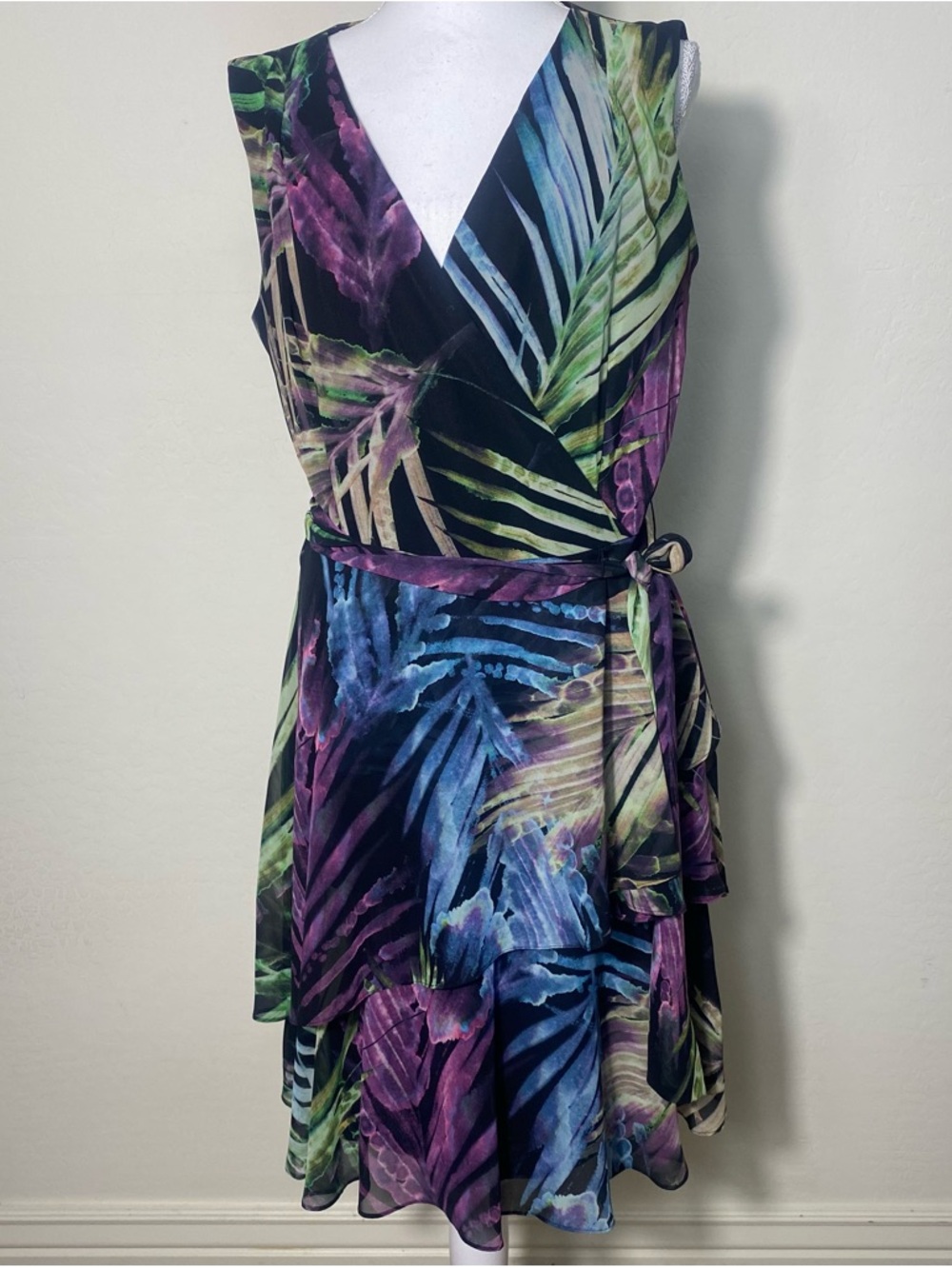 Tahari Black Multicolor Tropical Wrap Dress Size 10